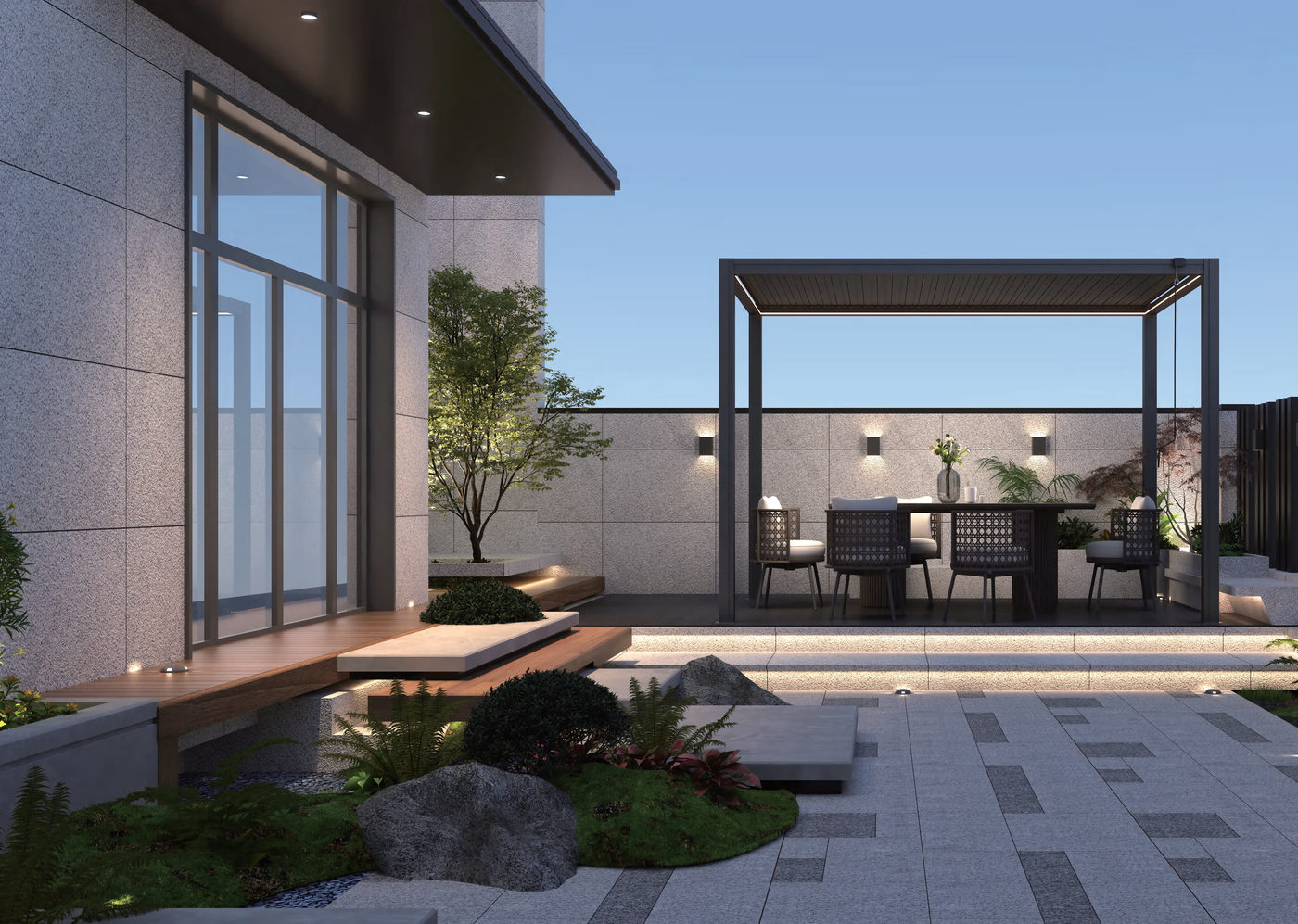 Aluminium pergola at dusk